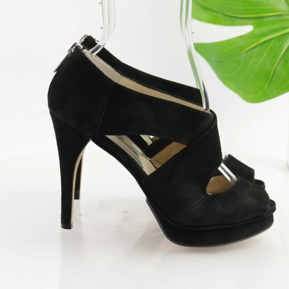 Michael Kors Women Elena Sandal Size 7.5 Black Suede Platform Heel Peep Toe Shoe